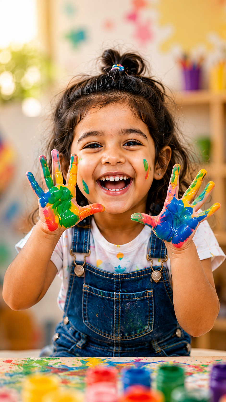 A delighted child showing off colourful paint-covered hands at the day care center